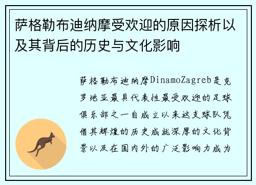 萨格勒布迪纳摩受欢迎的原因探析以及其背后的历史与文化影响