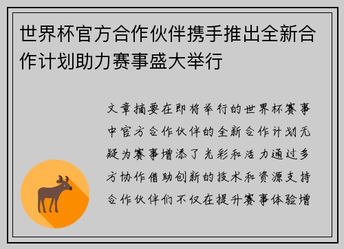 世界杯官方合作伙伴携手推出全新合作计划助力赛事盛大举行