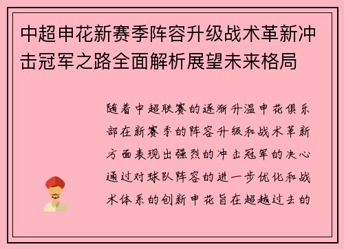 中超申花新赛季阵容升级战术革新冲击冠军之路全面解析展望未来格局