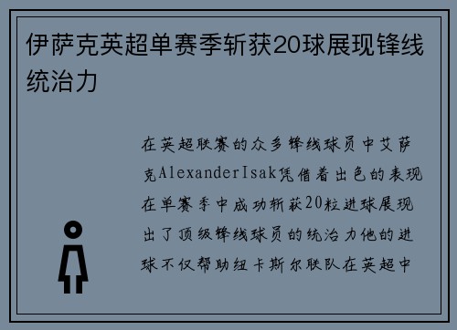 伊萨克英超单赛季斩获20球展现锋线统治力