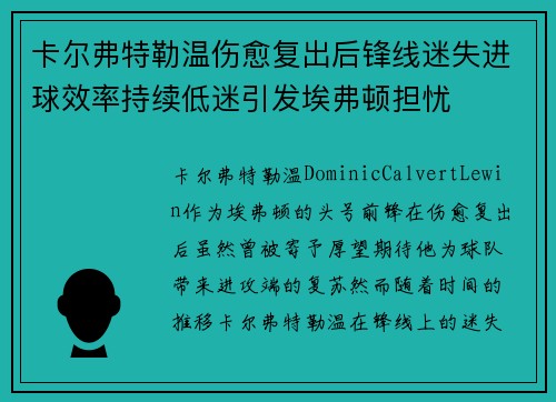 卡尔弗特勒温伤愈复出后锋线迷失进球效率持续低迷引发埃弗顿担忧