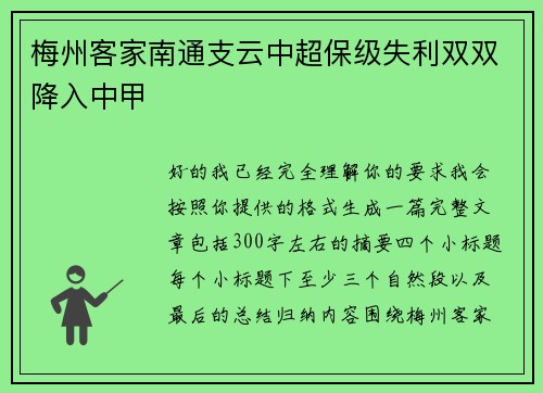 梅州客家南通支云中超保级失利双双降入中甲 梅州客家南通支云中超保级失利双双降入中甲