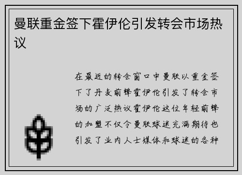 曼联重金签下霍伊伦引发转会市场热议